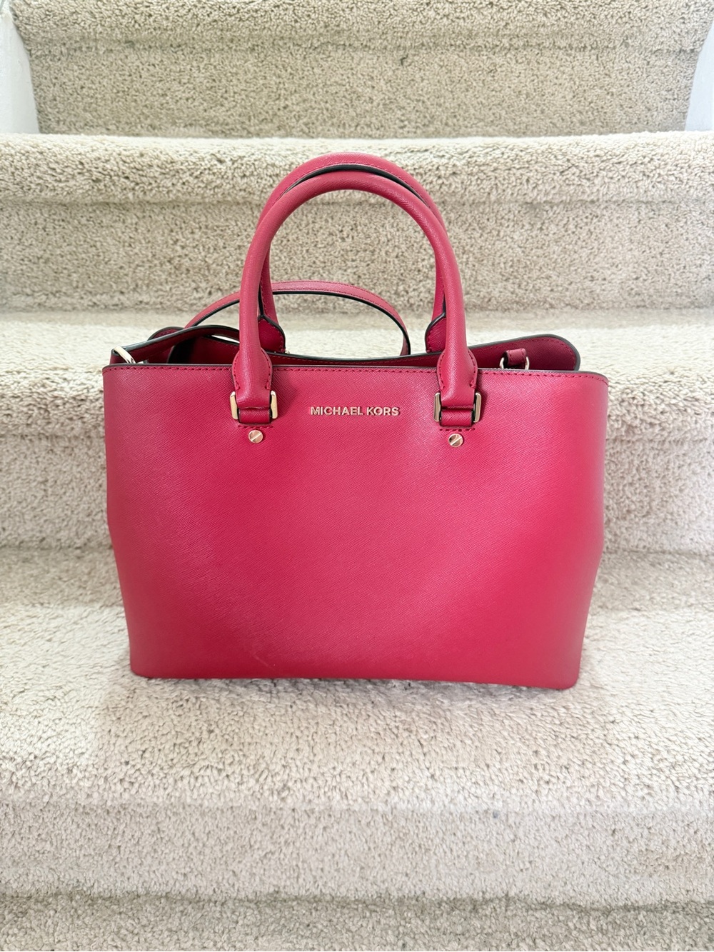 Michael Kors Pink Saffiano Leather Satchel with Gold Hardware